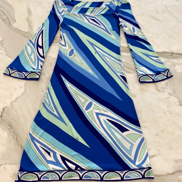 EMILIO PUCCI BLUE MULTI SQUARE NECK BELL SLEEVE DRESS SIZE IT 38 / US 4 - Picture 7 of 16